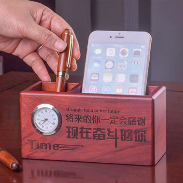 APHMI 01 - Wooden Pen Stand Card Holder with Clock