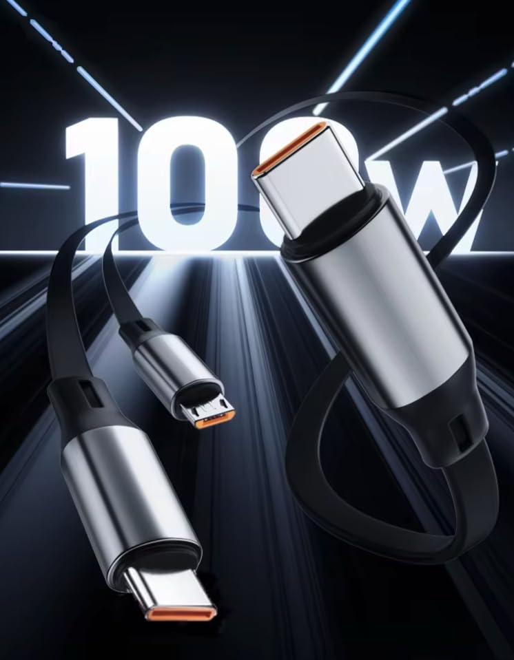 100W 3-in-1 Retractable Fast Charging Cable with Phone Holder – Type-C, Lightning & Micro USB