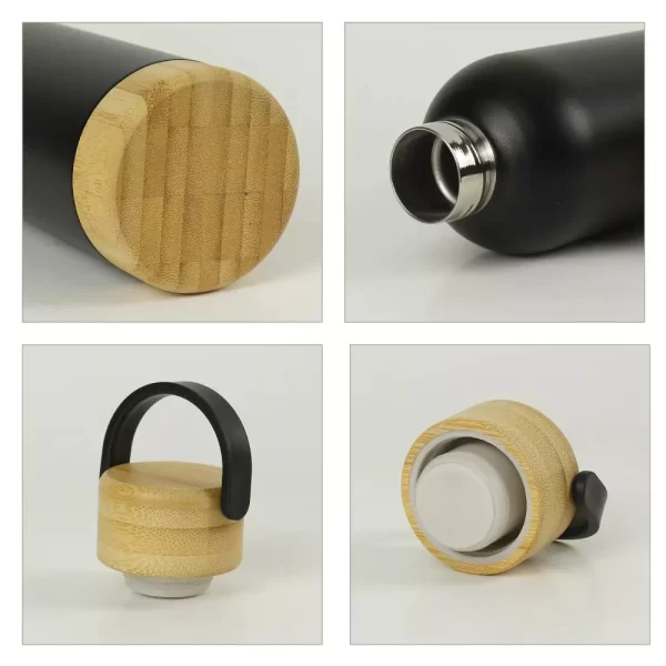 TMI-074-BLK Double Wall Stainless Steel Bottle with Bamboo Base & Lid (750ml)
