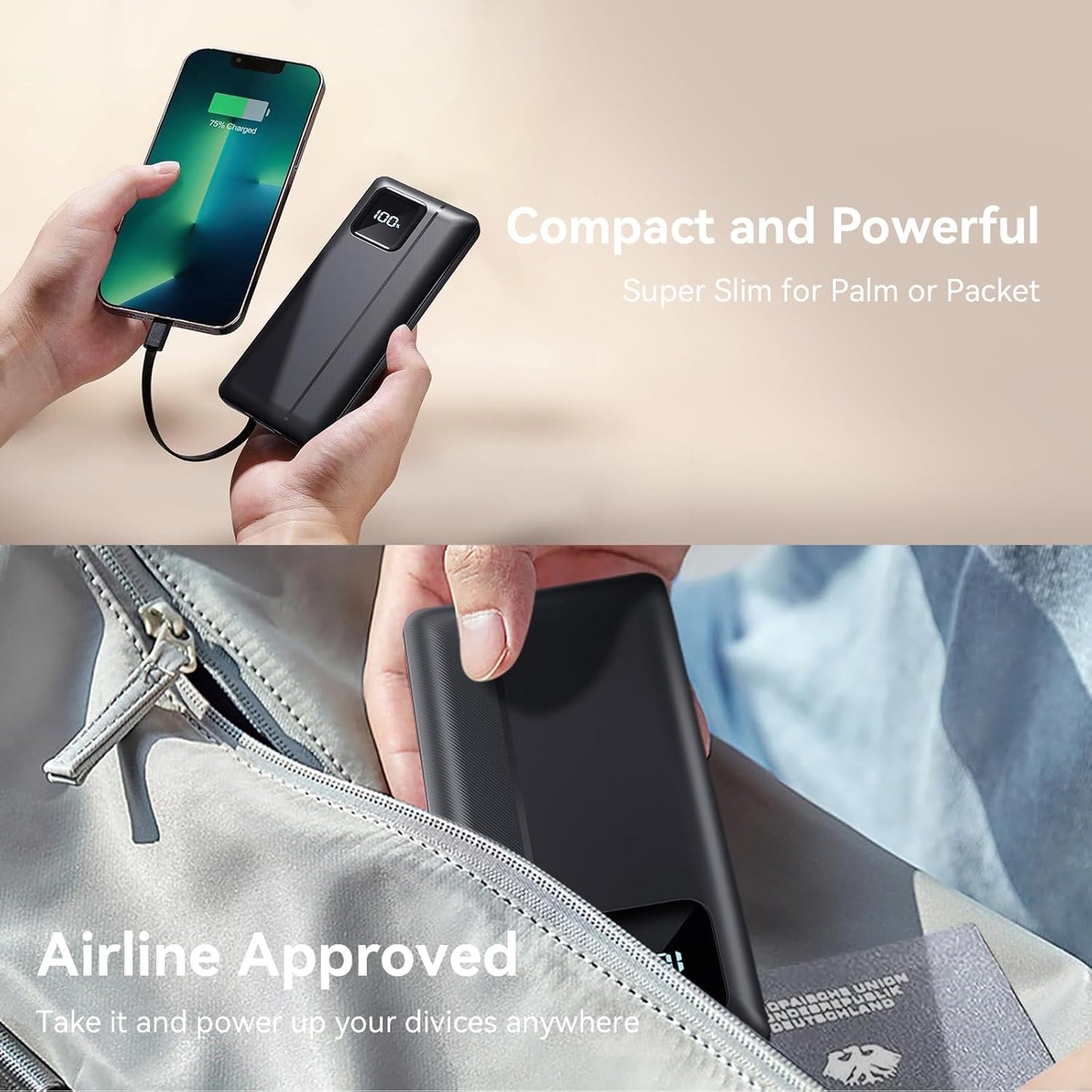 10,000mAh Power Bank with LED Display & Built-in Cables – Fast Charging Portable Charger (Black)