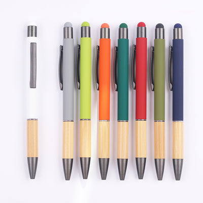 Eco-Friendly Bamboo Matte Pen with Color Stylus – Sustainable Corporate Gift with Custom Logo (Black, White, Green, Red & Blue)