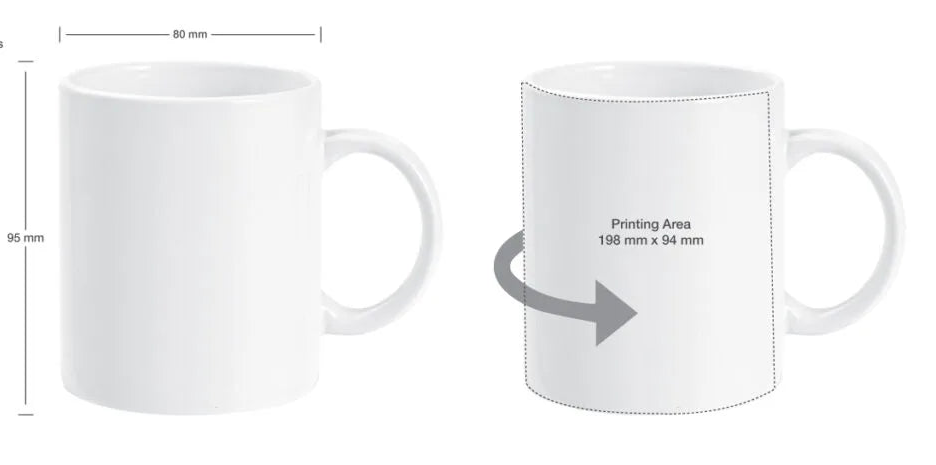 White mug with dimensions and printing area label on a white background