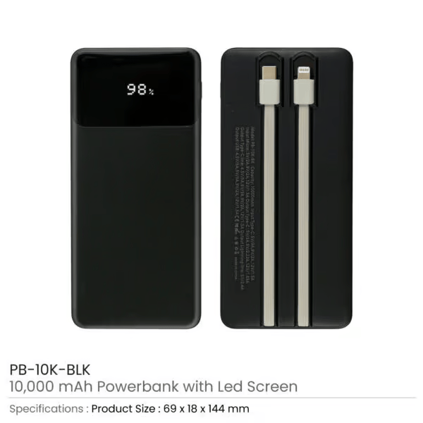 PBMI-10K-BLK Powerbank with LED Screen β 10,000 mAh & Built-in Cables