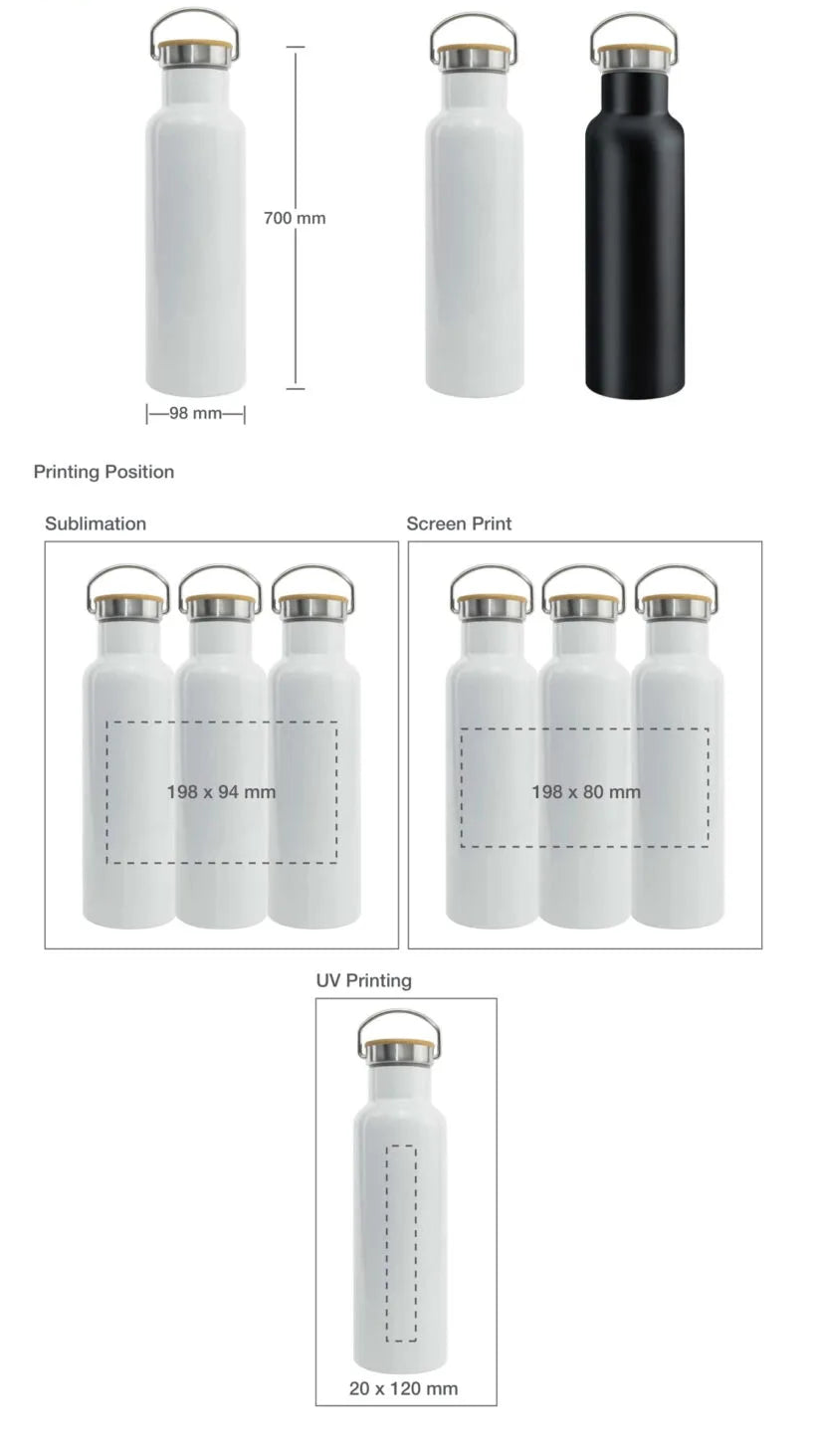 Stainless Steel Bottle with Bamboo Cap & Handle – Black | 500ml