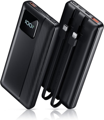 10,000mAh Power Bank with LED Display & Built-in Cables – Fast Charging Portable Charger (Black)