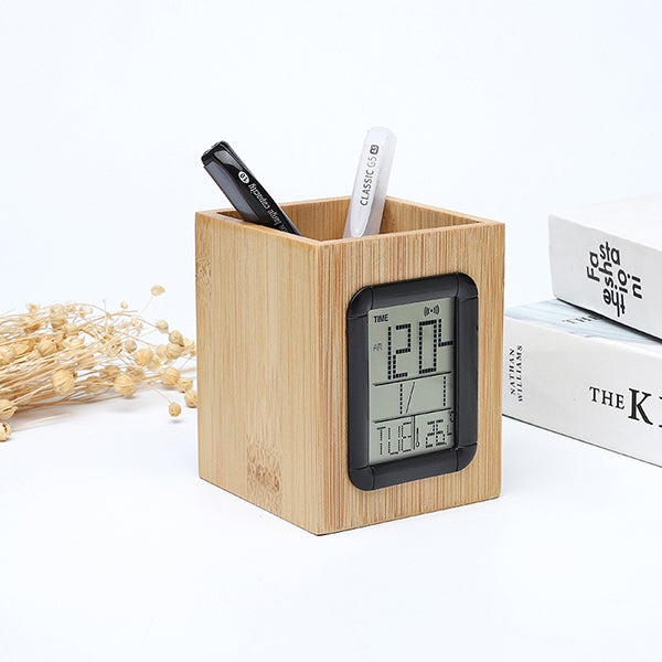 APHMI 02 - Bamboo Pen Holder with LCD Digital Clock