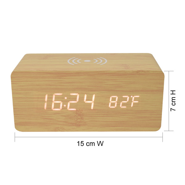 Eco-Friendly Bamboo Digital Table Clock with Wireless Charger – (Large Size)