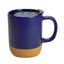 Dark blue ceramic mug with cork base on a white background