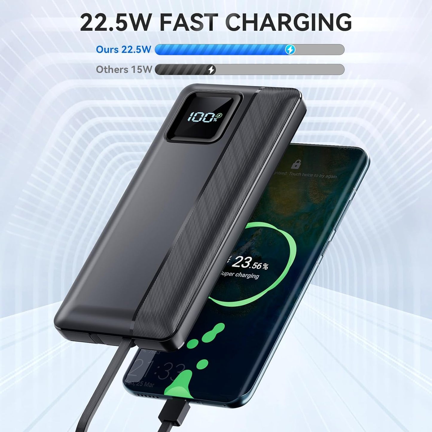 10,000mAh Power Bank with LED Display & Built-in Cables – Fast Charging Portable Charger (Black)