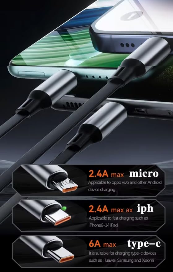 100W 3-in-1 Retractable Fast Charging Cable with Phone Holder – Type-C, Lightning & Micro USB