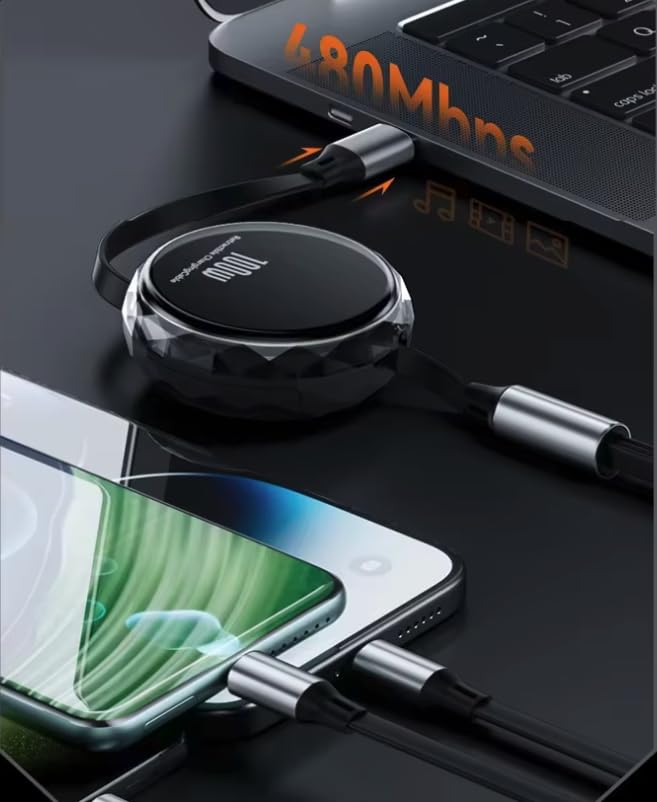 100W 3-in-1 Retractable Fast Charging Cable with Phone Holder – Type-C, Lightning & Micro USB