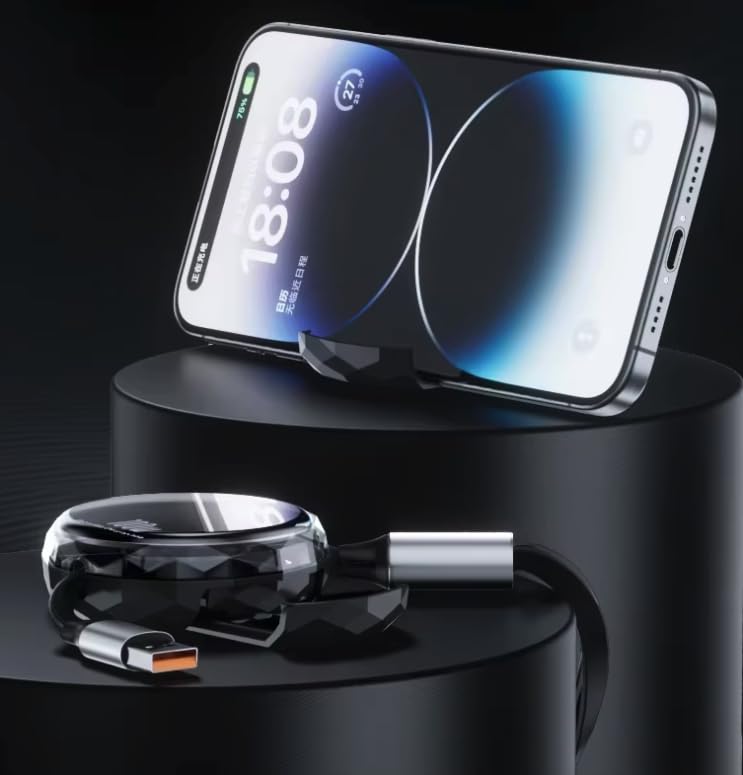 100W 3-in-1 Retractable Fast Charging Cable with Phone Holder – Type-C, Lightning & Micro USB