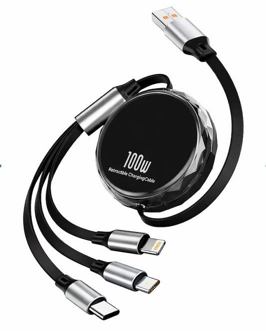 100W 3-in-1 Retractable Fast Charging Cable with Phone Holder – Type-C, Lightning & Micro USB
