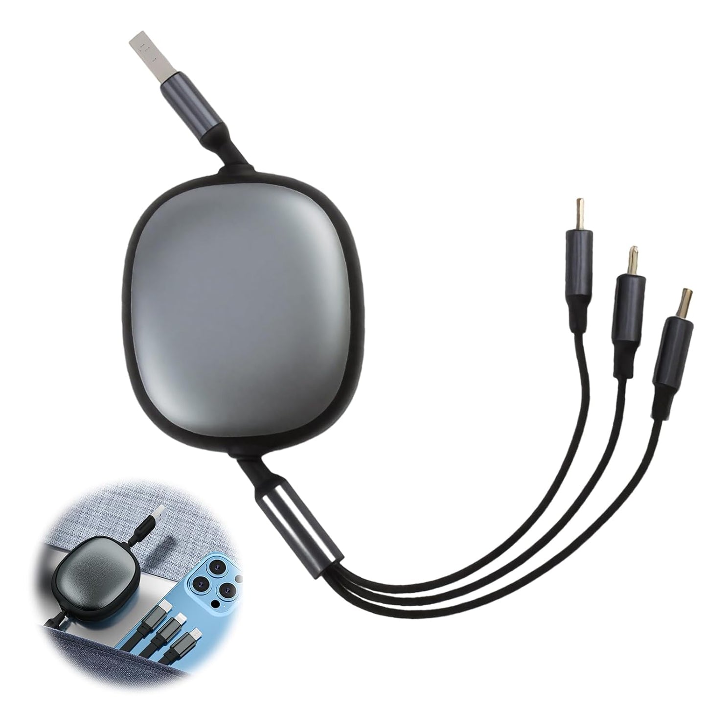 100W Retractable 3-in-1 USB-C Multi Tip Cable – Fast Charging PD3.0 with Data Transfer (Type-C, Lightning, Micro USB)