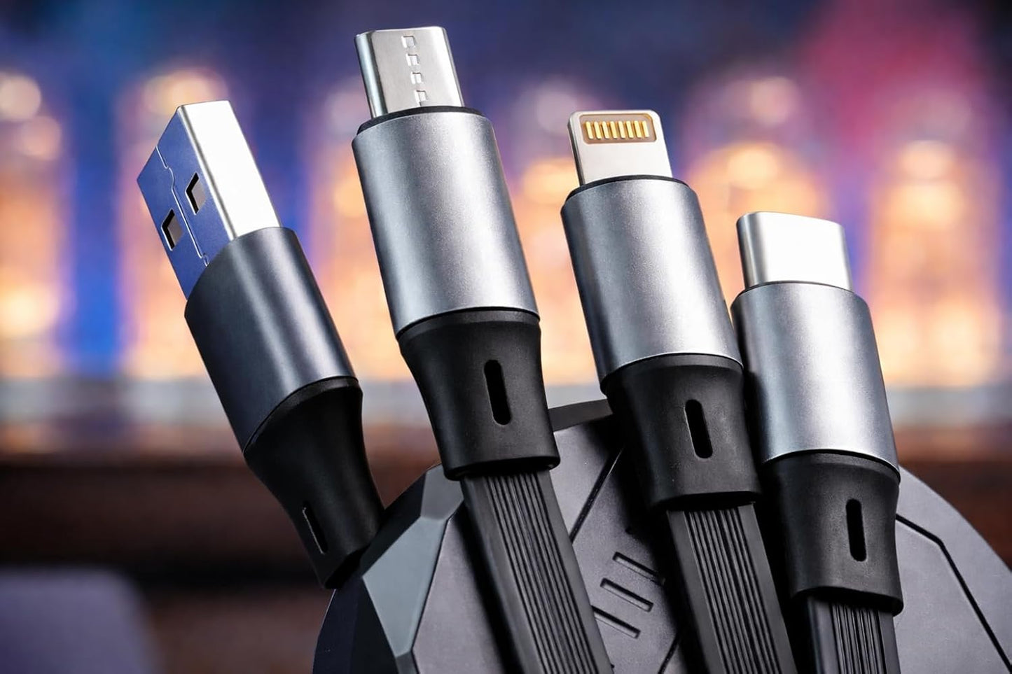 100W 3-in-1 Retractable Fast Charging Cable with Phone Holder – Type-C, Lightning & Micro USB