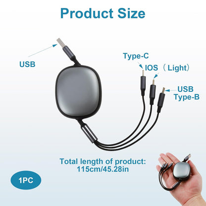 100W Retractable 3-in-1 USB-C Multi Tip Cable – Fast Charging PD3.0 with Data Transfer (Type-C, Lightning, Micro USB)