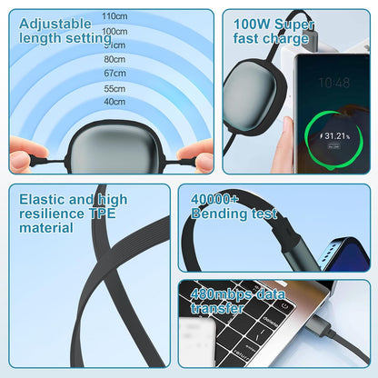 100W Retractable 3-in-1 USB-C Multi Tip Cable – Fast Charging PD3.0 with Data Transfer (Type-C, Lightning, Micro USB)