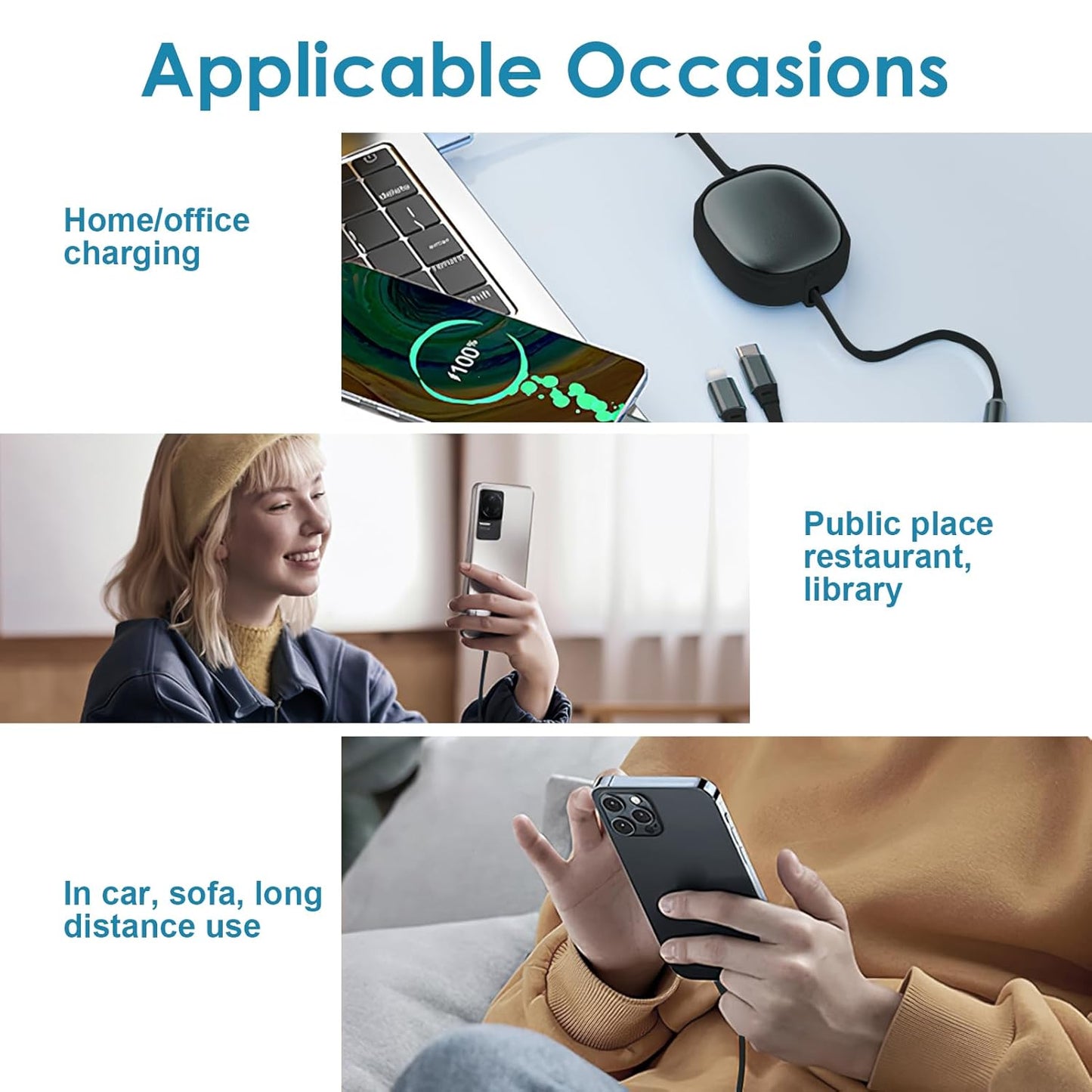 100W Retractable 3-in-1 USB-C Multi Tip Cable – Fast Charging PD3.0 with Data Transfer (Type-C, Lightning, Micro USB)