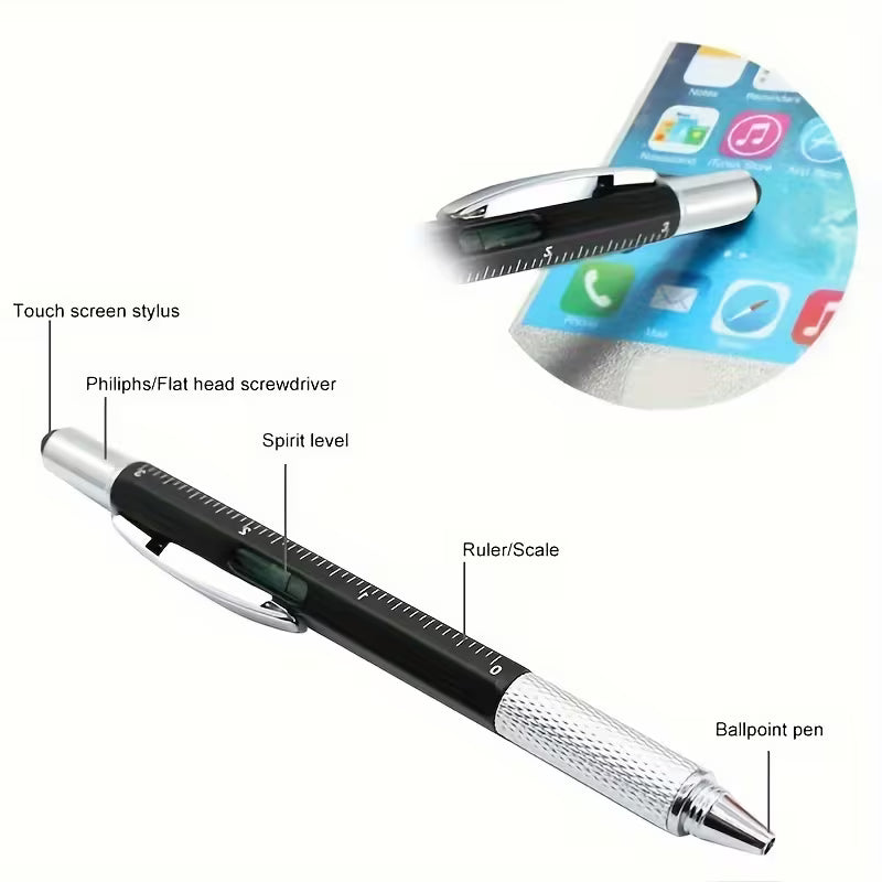 6-in-1 Engineer Multi-Tool Pen with Custom Logo – Stylus, Scale, Spirit Level & Screwdriver (Black, Silver, Blue, Red)