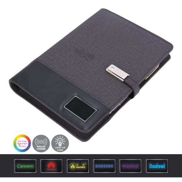 Executive Hi-Tech Organizer with Wireless Charger & Illuminated Logo- Black