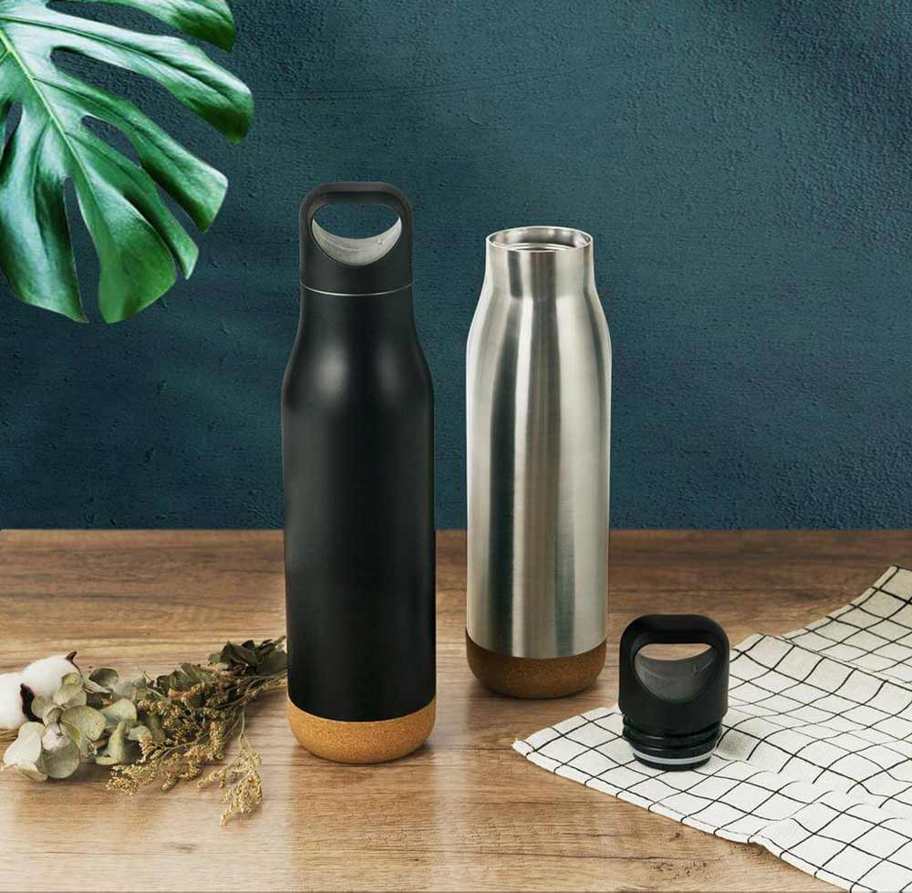 Double Wall Stainless Steel Bottle with Cork Base – Black | 500ml