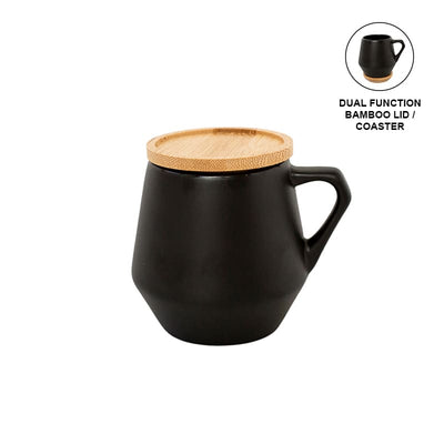 A black ceramic mug with a natural bamboo lid on a white background. The mug is depicted in a vertical orientation with the handle on the right side, and there is a small inset image showing the mug filled with a beverage.