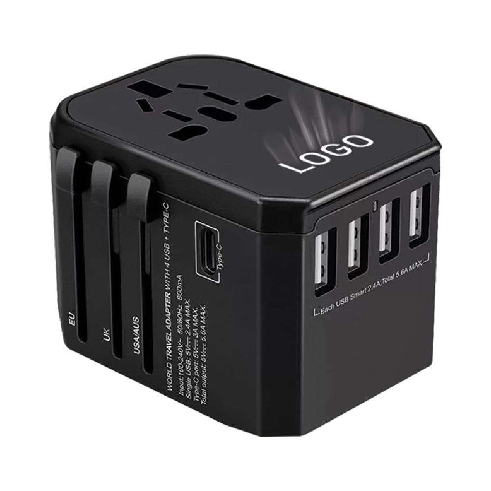 Universal Travel Adapter with Type-C Fast Charging & Light-Up Logo – 4 USB Multi-Port And 1 USB Type-C