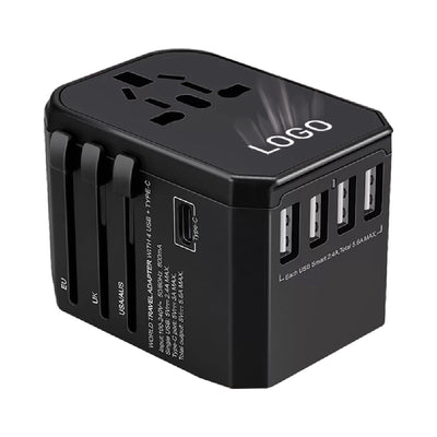 Universal Travel Adapter with Type-C Fast Charging & Light-Up Logo – 4 USB Multi-Port And 1 USB Type-C