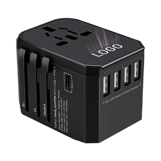 Universal Travel Adapter with Type-C Fast Charging & Light-Up Logo – 4 USB Multi-Port And 1 USB Type-C