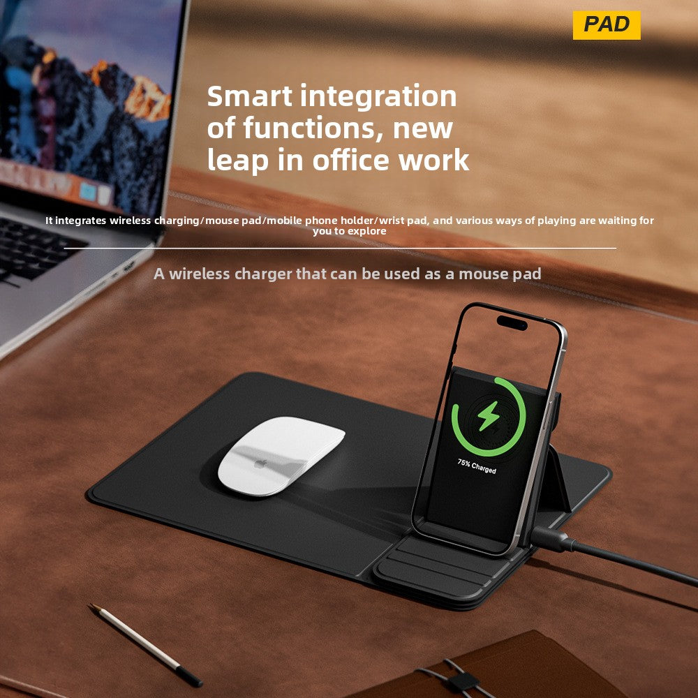 PU Leather Mousepad with Detachable Wireless Charger – 15W Fast Charging Corporate Desk Gift (Black)