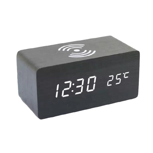 Eco-Friendly Bamboo Black Digital Table Clock with Wireless Charger – (Small Size)