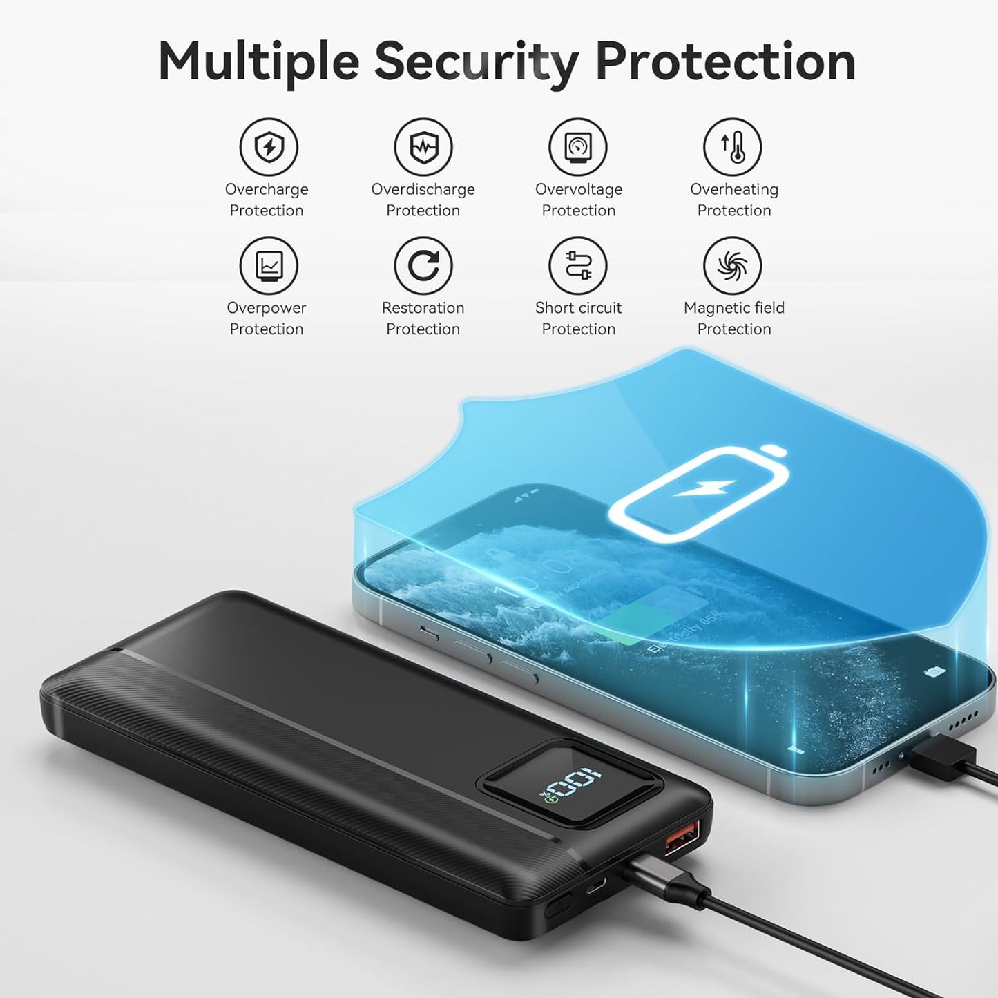 10,000mAh Power Bank with LED Display & Built-in Cables – Fast Charging Portable Charger (Black)