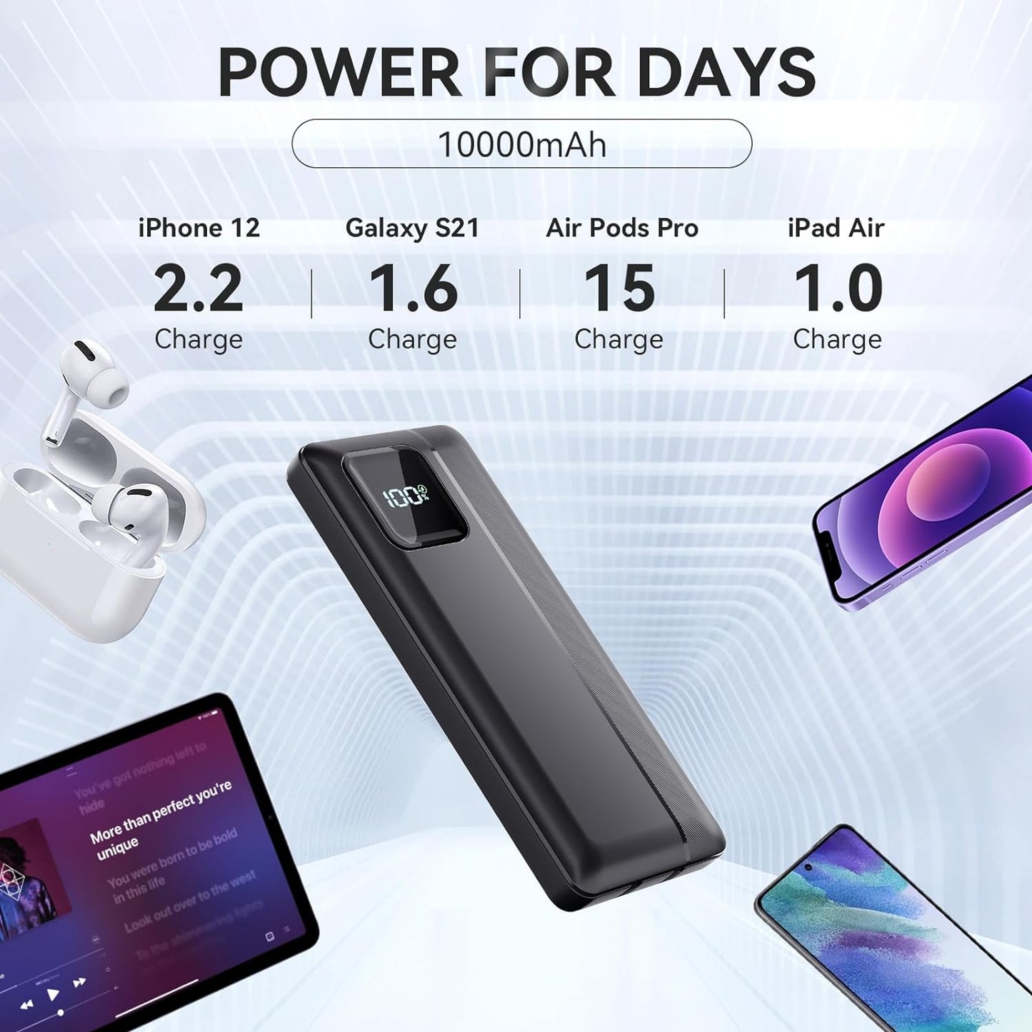 10,000mAh Power Bank with LED Display & Built-in Cables – Fast Charging Portable Charger (Black)