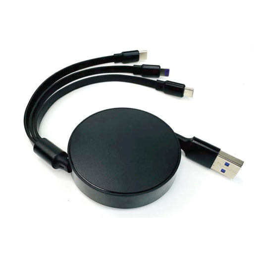 3-in-1 Retractable USB Charging Cable (Type-C, Lightning & Micro USB) – Fast Charging 66W Matte Black Corporate Gift