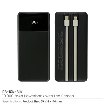 PBMI-10K-BLK Powerbank with LED Screen – 10,000 mAh & Built-in Cables