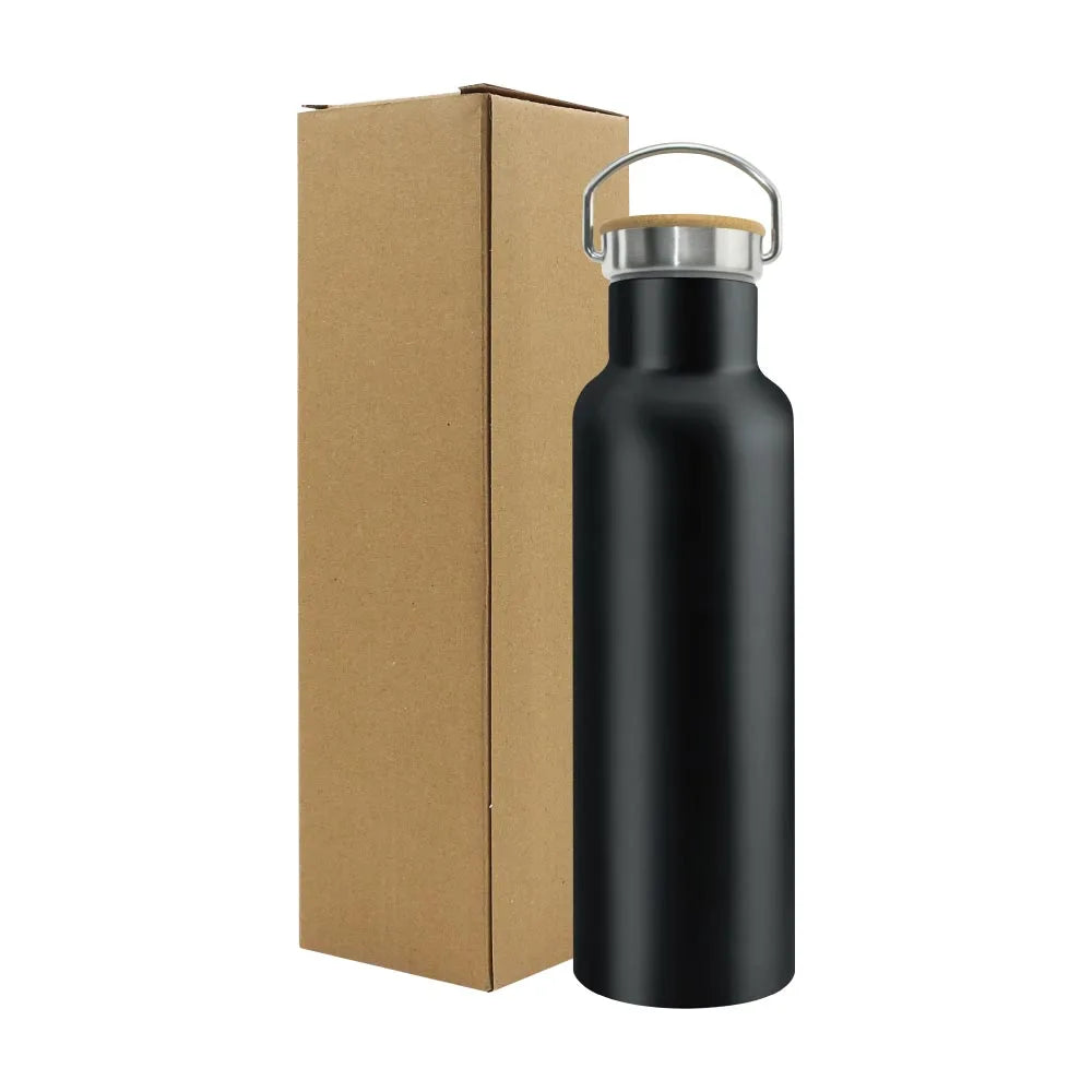 Stainless Steel Bottle with Bamboo Cap & Handle – Black | 500ml