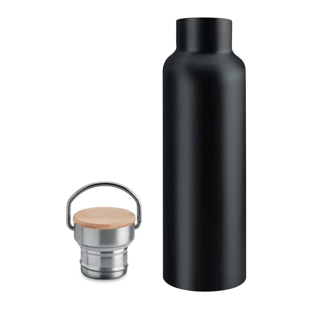 Stainless Steel Bottle with Bamboo Cap & Handle – Black | 500ml