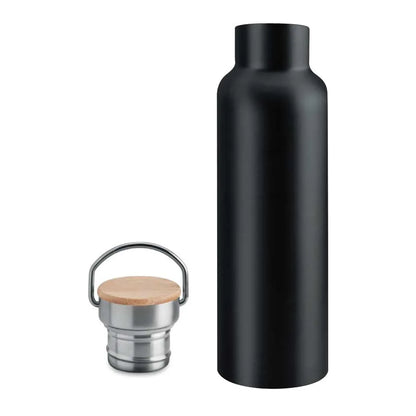 Stainless Steel Bottle with Bamboo Cap & Handle – Black | 500ml