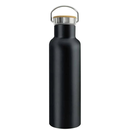 Stainless Steel Bottle with Bamboo Cap & Handle – Black | 500ml