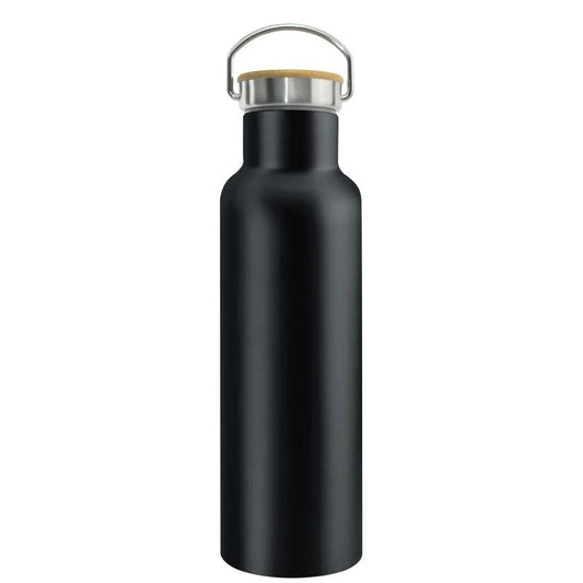 Stainless Steel Bottle with Bamboo Cap & Handle – Black | 500ml