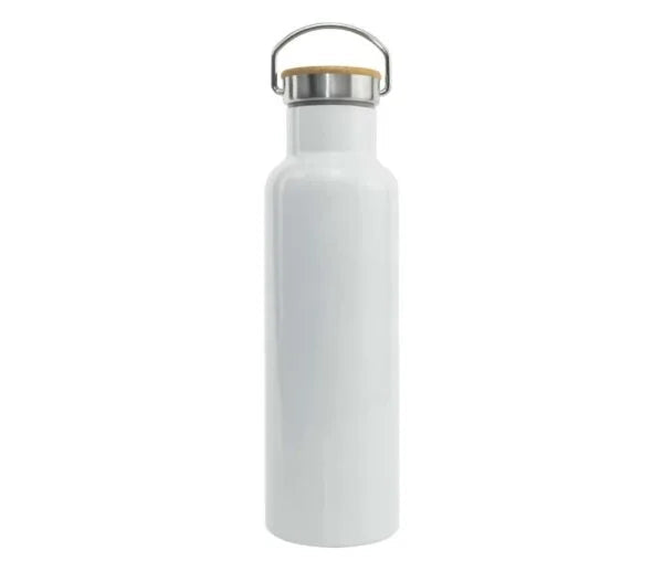 White stainless steel and bamboo flask on a white background