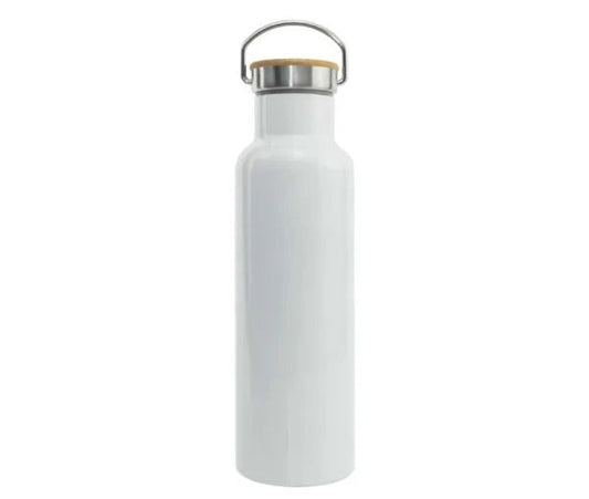 White stainless steel and bamboo flask on a white background