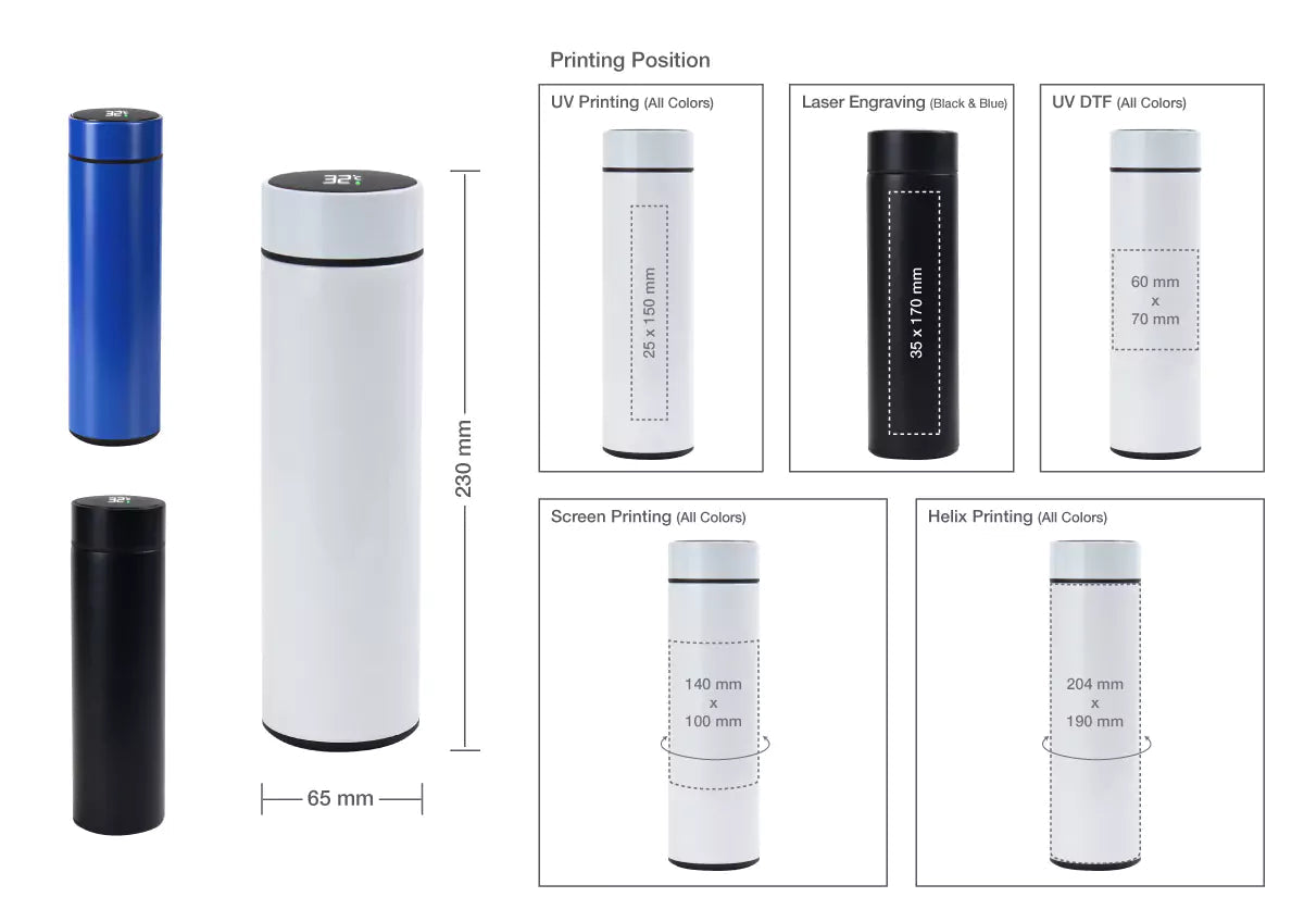 Product dimensions and printing options for a cylindrical item on a white background