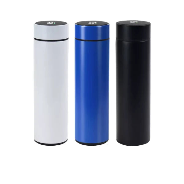 Three smart temperature LED display bottles in white, blue, and black on a white background.