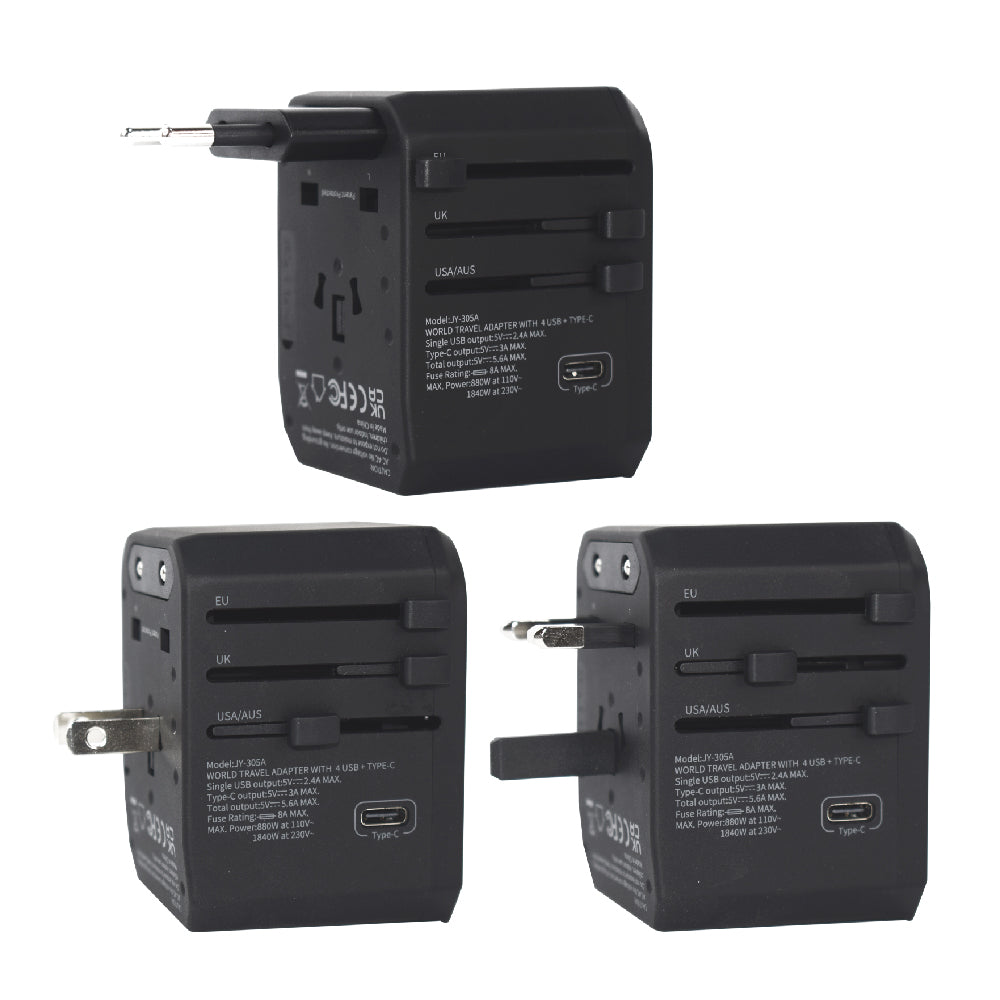 Universal Travel Adapter with Type-C Fast Charging & Light-Up Logo – 4 USB Multi-Port And 1 USB Type-C