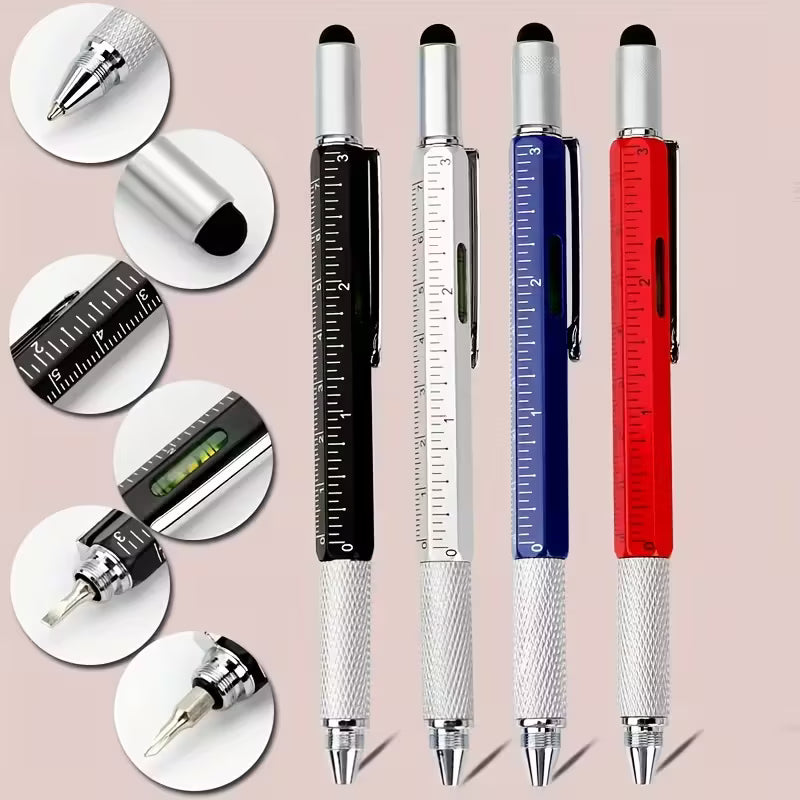 6-in-1 Engineer Multi-Tool Pen with Custom Logo – Stylus, Scale, Spirit Level & Screwdriver (Black, Silver, Blue, Red)
