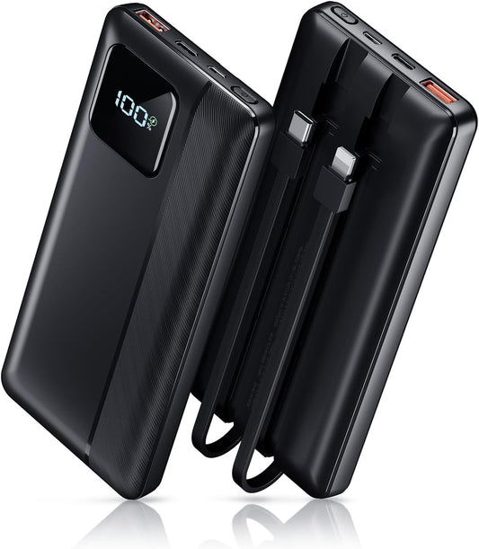 10,000mAh Power Bank with LED Display & Built-in Cables – Fast Charging Portable Charger (Black)