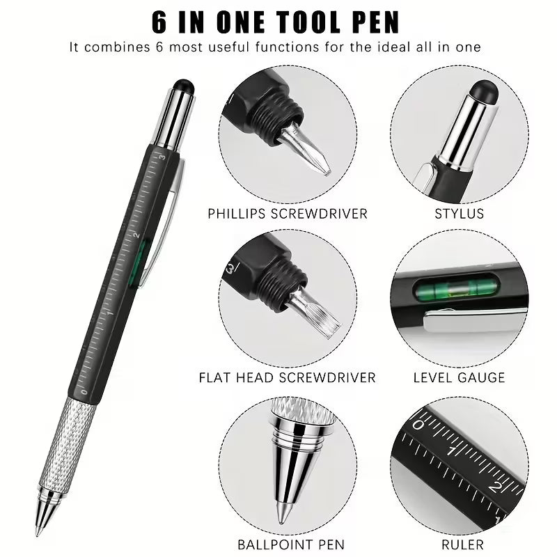 6-in-1 Engineer Multi-Tool Pen with Custom Logo – Stylus, Scale, Spirit Level & Screwdriver (Black, Silver, Blue, Red)