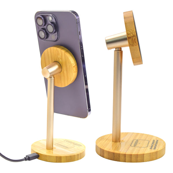Eco-Friendly Bamboo 2-in-1 Wireless Charging Stand with Light-Up Logo – Premium Corporate Tech Gift