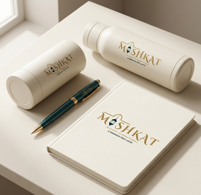 Mishkat branded items including a notebook, pen, and cylindrical containers on a light surface.
